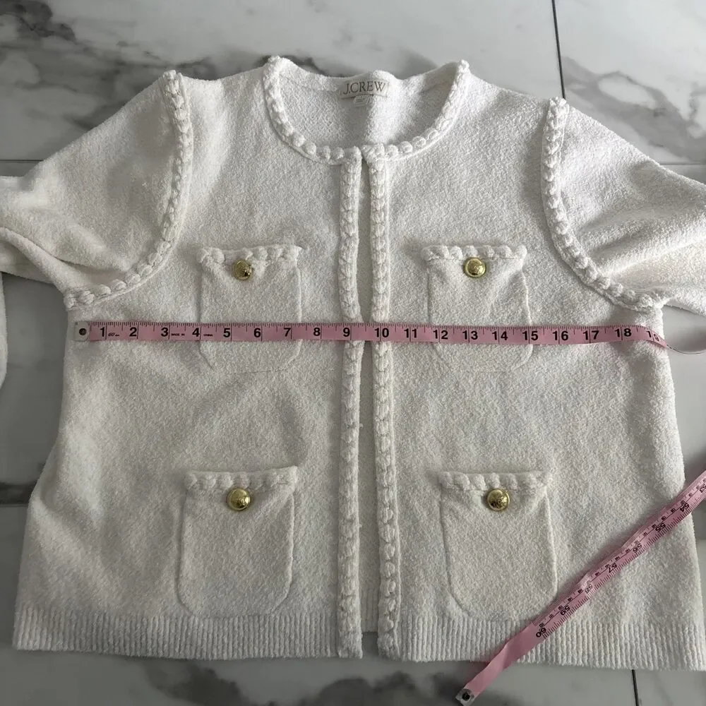 J.Crew Womens White Boucle Lady Jacket Cardigan Large Gold Crest Buttons Pocket